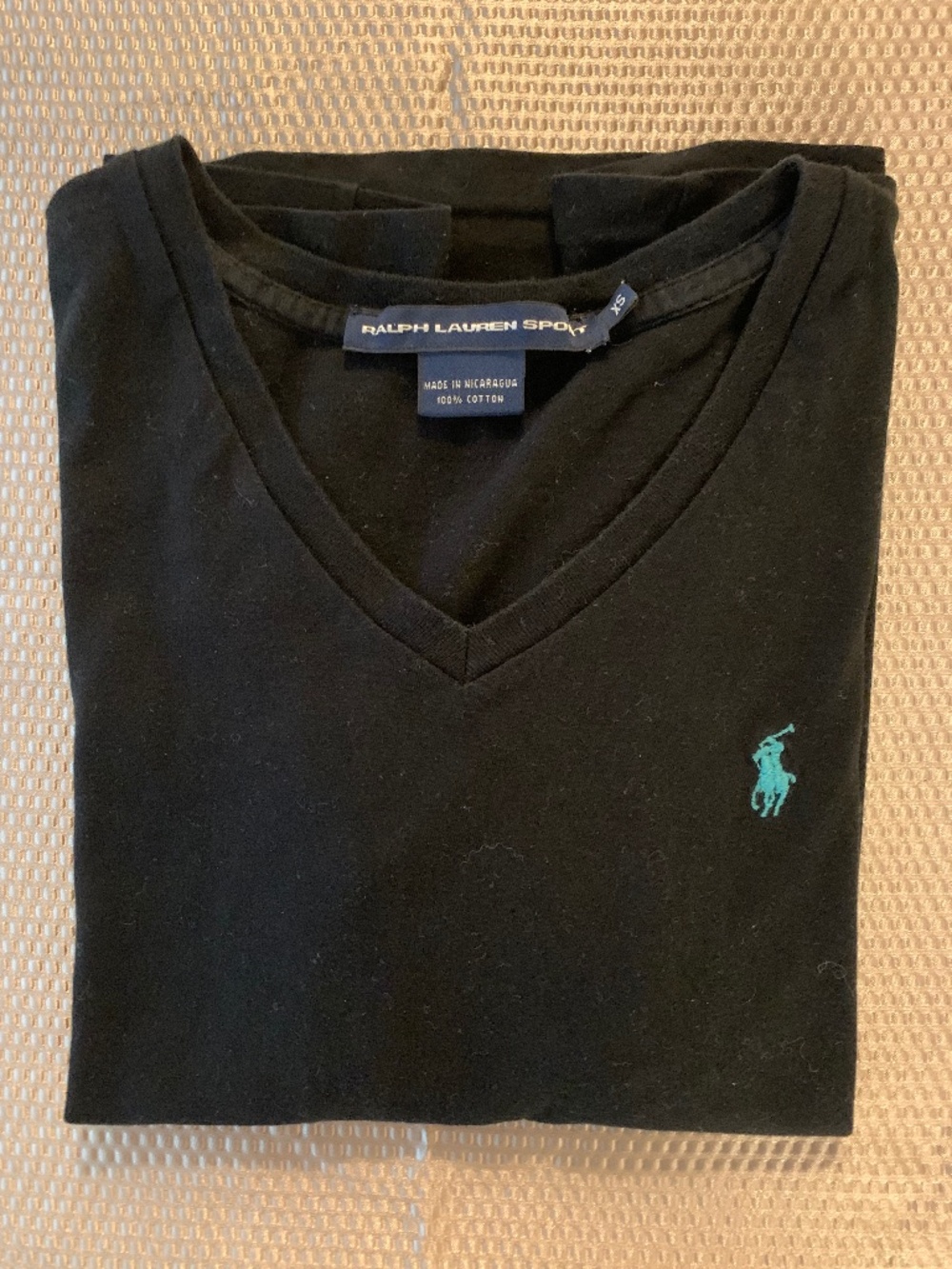 Ralph Lauren Sport Black V-Neck Turquoise Pony Logo Cotton Tee XS
